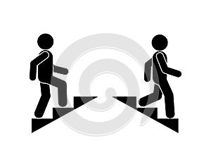 Man walking stairs, up and down movement icon, stickman on the steeds, isolated vector illustration