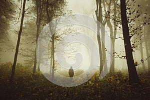 Man in mysterious autumn forest with fog