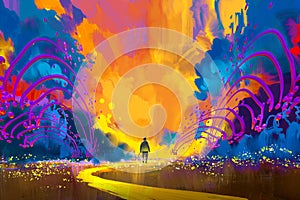 Man walking to abstract colorful landscape