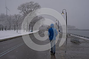 Man walking at Toronto waterfront Martin Goodman trail during heavy snowstorm, wet snow covering trees and branches.