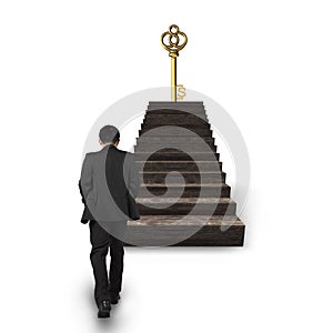 Man walking toward dollar sign treasure key on stairs