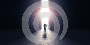 Man walking towards light. conceipt background. 3d