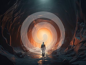 A man walking through a tunnel in the dark and there is light at the end of the tunnel. AI generated
