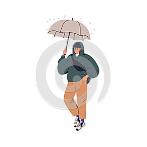 Man walking under umbrella in rainy weather, downpour. Guy holding protecting parasol in hand, going under rain drops