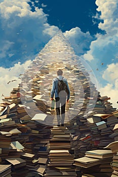 Man walking up long stairway made of books with sky background. Generative AI