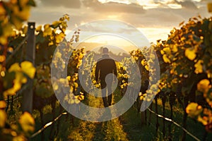 Man walking through a vineyard during sunset