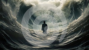 A man walking through the water with the waves parted