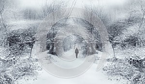 Man walking in winter snow storm