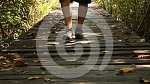 Man Walking on Wooden Dock in Forest - Sunny