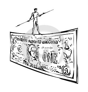 A man walks along the edge of the dollar. Vector drawing