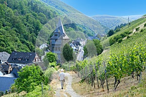 man walks along narrow road in gorge among old houses, watchtowers and vineyards in Middle Rhine valley above town of Bacharach in