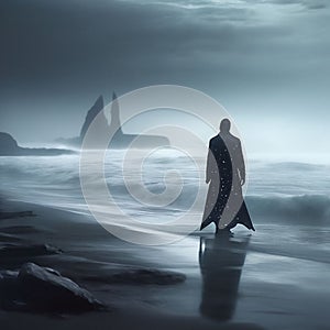 A man walks along the seashore