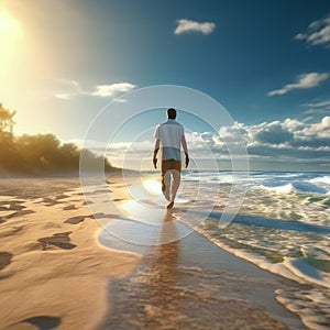 A man walks along the seashore