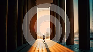 Man walks in a business hall with columns during sunset, Generative AI