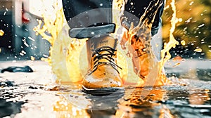 A man walks cautiously through a puddle