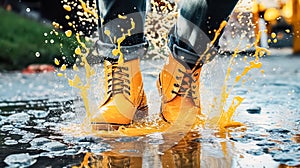 A man walks cautiously through a puddle