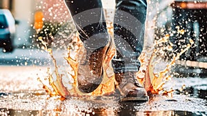 A man walks cautiously through a puddle