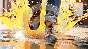 A man walks cautiously through a puddle