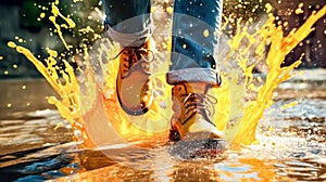 A man walks cautiously through a puddle