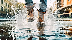 A man walks cautiously through a puddle