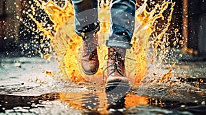 A man walks cautiously through a puddle