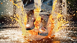 A man walks cautiously through a puddle