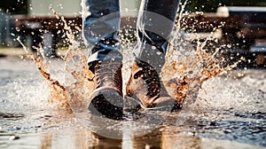 A man walks cautiously through a puddle