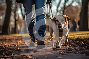 A man walks with a dog on a leash. Generative AI technology