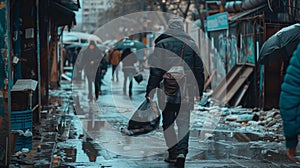 A man walks down a rainy street with a bag in the citys darkness