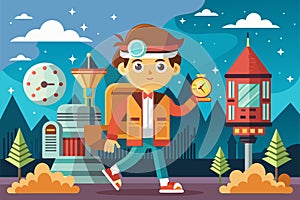 A man walks while holding a clock in his hand, Time travel Customizable Cartoon Illustration