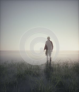 Man walks through the lake with his bare feet