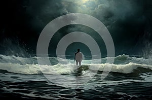 A man walks straight into the sea in the night hile a storm is coming.