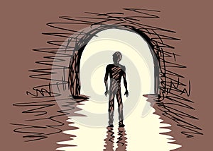 A man walks in a tunnel. Vector drawing
