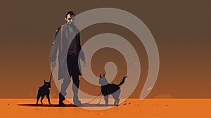 Man Walking Two Dogs In Gothic 2d Game Art Style photo