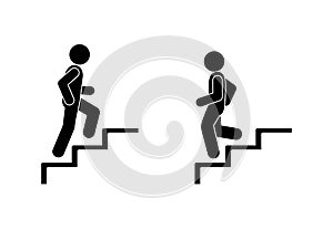 Man walks up and down the stairs, stick figure pictograms people, human silhouette