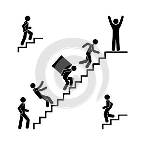Man walks up the stairs, stick figure pictogram, human silhouette, falling from a ladder, carrying cargo,