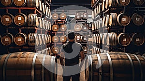 Man at warehouse of beer Brown wooden wine beer barrel stacked background