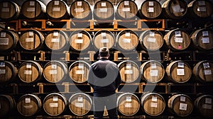 Man at warehouse of beer Brown wooden wine beer barrel stacked background