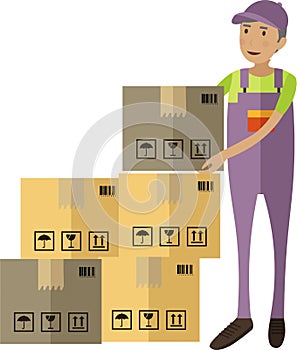 Man warehouse worker stacking parcels box vector icon isolated on white