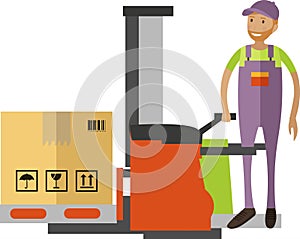 Man warehouse worker using lift for parcel stacking vector icon isolated on white