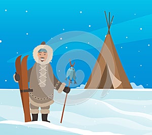 Man in warm clothes for cold climate living in Arctic. Eskimo with fish stands near igloo