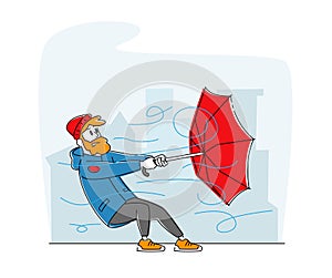 Man in Warm Clothes Holding Broken Umbrella Protecting from Hurricane. Male Character Fighting with Thunderstorm