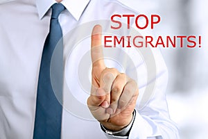 Man warning. Stop emigrants. Blue background behind photo