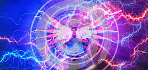 Man warrior in fighting action of multihands on neon light background overlay with neon color lightning strike in fantasy fighting