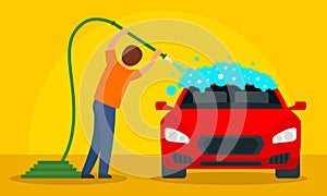 Man wash car concept background, flat style