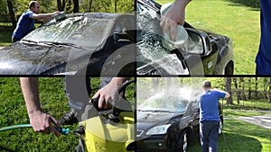 Man wash car with sponge and high pressure tool. Video collage