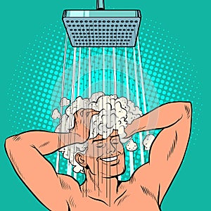 a man washes his hair in the shower. Businessman daily routine