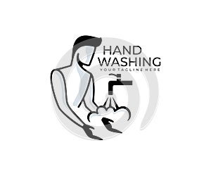 Man washes his hands and water flows from the tap, logo design. Cleanliness, hygiene and sanitation, vector design