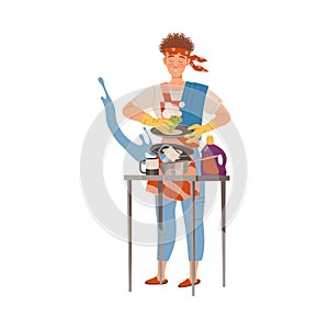 Man washing dishes at kitchen. Househusband doing daily routine cartoon vector illustration