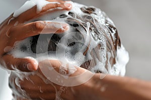 man washing hair with thickening shampoo